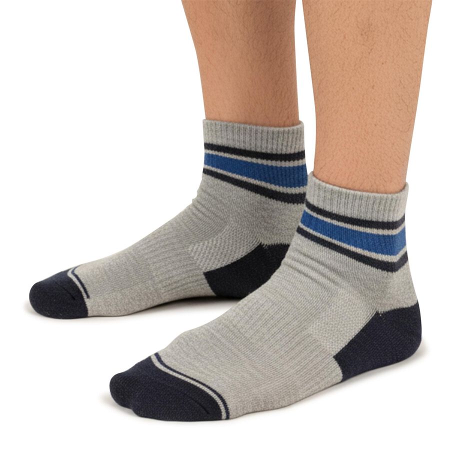 Men's Black and Grey Regular Fit Striped Ankle Socks Pack of 3, Navy Blue, large